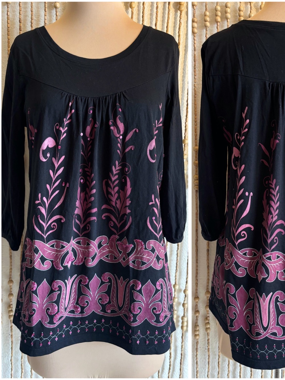Y2K Black Purple Sequin Embellished Ornate Swirl Pattern Sequin Smocked Top Med